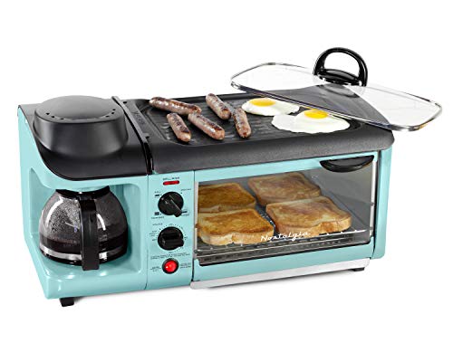 Nostalgia Retro 3-in-1 Family Size Electric Breakfast Station, Non Stick Die Cast Grill/Griddle, 4 Slice Toaster Oven, Coffee Maker, Aqua