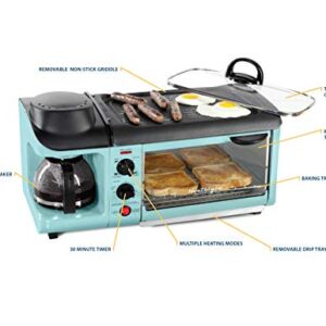 Nostalgia Retro 3-in-1 Family Size Electric Breakfast Station, Non Stick Die Cast Grill/Griddle, 4 Slice Toaster Oven, Coffee Maker, Aqua