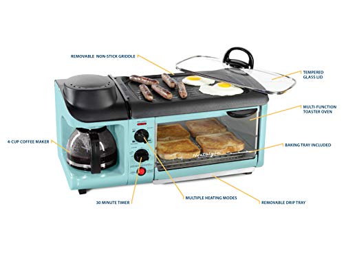 Nostalgia Retro 3-in-1 Family Size Electric Breakfast Station, Non Stick Die Cast Grill/Griddle, 4 Slice Toaster Oven, Coffee Maker, Aqua