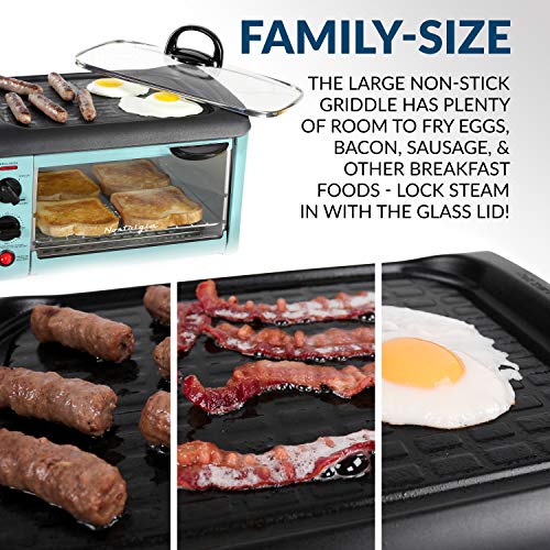 Nostalgia Retro 3-in-1 Family Size Electric Breakfast Station, Non Stick Die Cast Grill/Griddle, 4 Slice Toaster Oven, Coffee Maker, Aqua