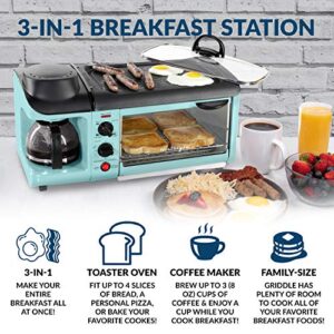 Nostalgia Retro 3-in-1 Family Size Electric Breakfast Station, Non Stick Die Cast Grill/Griddle, 4 Slice Toaster Oven, Coffee Maker, Aqua