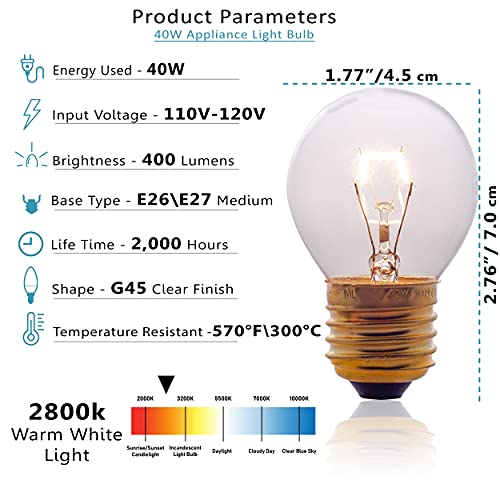 Oven Light Bulbs – 40 Watt Appliance Replacement Bulbs for Oven, Stove, Refrigerator, Microwave. Incandescent - High Temp G45 E26/E27 Socket. Standard Lead-Free Base - 400 Lumens - Clear.2 Pack