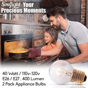 Oven Light Bulbs – 40 Watt Appliance Replacement Bulbs for Oven, Stove, Refrigerator, Microwave. Incandescent - High Temp G45 E26/E27 Socket. Standard Lead-Free Base - 400 Lumens - Clear.2 Pack