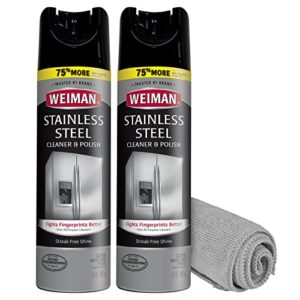 weiman stainless steel cleaner & polish protects appliances from fingerprints & gives a streak-free shine – for refrigerators, oven, dishwasher, stove – 2 pack aerosol spray with microfiber cloth included