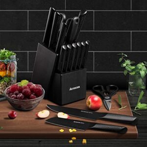 Knife Set, 15 Pieces Chef Knife Set with Block for Kitchen, German Stainless Steel Knife Block Set, Dishwasher Safe, Elegant Black