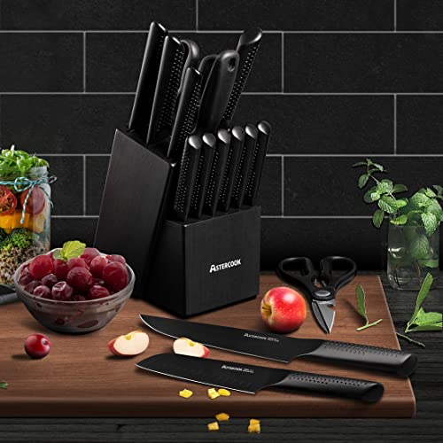 Knife Set, 15 Pieces Chef Knife Set with Block for Kitchen, German Stainless Steel Knife Block Set, Dishwasher Safe, Elegant Black