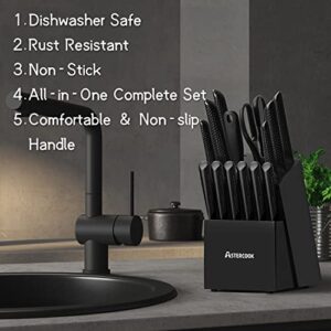 Knife Set, 15 Pieces Chef Knife Set with Block for Kitchen, German Stainless Steel Knife Block Set, Dishwasher Safe, Elegant Black