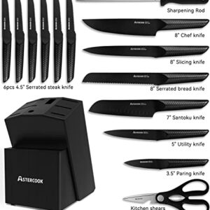 Knife Set, 15 Pieces Chef Knife Set with Block for Kitchen, German Stainless Steel Knife Block Set, Dishwasher Safe, Elegant Black