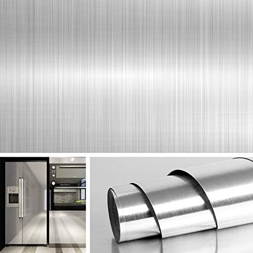 Livelynine Brushed Nickel Vinyl Peel and Stick Wallpaper Silver Stainless Steel Contact Paper for Appliances Dishwasher Fridge Refrigerator Wrap Cover Decorative Stove Wall Protector 15.8x78.8 Inch