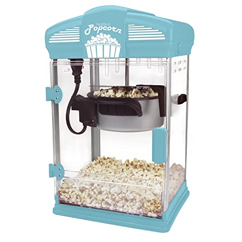 West Bend Stir Crazy Movie Theater Popcorn Popper, Gourmet Popcorn Maker Machine with Nonstick Popcorn Kettle, Measuring Tool and Popcorn Scoop for Popcorn Machine, 4 Qt., Blue