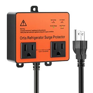 refrigerator surge protector, ortis double outlet voltage protector for home appliances with time delay, protects against brownout, spike, instant surge all voltage abnormalities