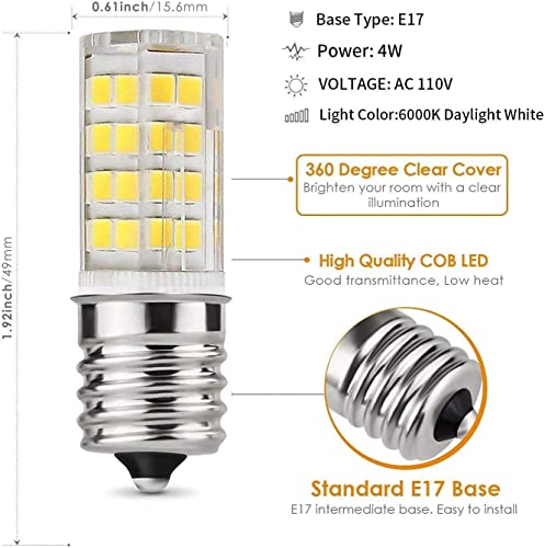 E17 LED Bulb for Microwave Oven,Kitchen Appliance Light Bulb, Stovetop Light,4 Watt (40W Halogen Bulb Equivalent), Daylight White 6000K, E17 Indicator Intermediate Base, Dimmable,(Pack of 2)