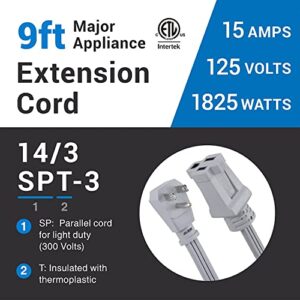 Clear Power 9 ft 14/3 Gray Air Conditioner/Major Appliance Indoor Extension Cord, Grounded Flat Plug, Perfect for AC Units and Major Appliances, DCIC-0003-DC