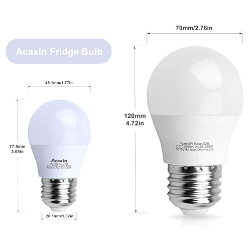 Acaxin LED Refrigerator Light Bulb 4W 40Watt Equivalent, Waterproof Fridge Light Bulb Replacement for Frigidaire, Freezer Light Bulb IP54, 120V E26 Daylight White 5000K 400 Lumen, A15 Appliance Bulb