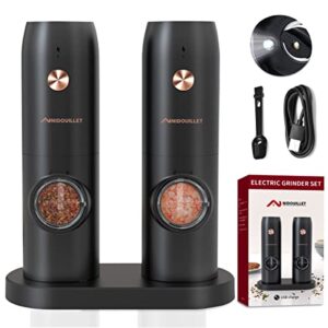 nidouillet electric salt and pepper grinder set, usb rechargeable automatic salt pepper grinder mill with led light, 2 larger capacity black refillable mills, adjustable coarseness, one hand operation