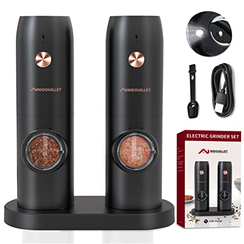 Nidouillet Electric Salt and Pepper Grinder Set, USB Rechargeable Automatic Salt Pepper Grinder Mill With LED Light, 2 Larger Capacity Black Refillable Mills, Adjustable Coarseness, One Hand Operation