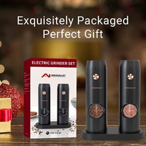 Nidouillet Electric Salt and Pepper Grinder Set, USB Rechargeable Automatic Salt Pepper Grinder Mill With LED Light, 2 Larger Capacity Black Refillable Mills, Adjustable Coarseness, One Hand Operation