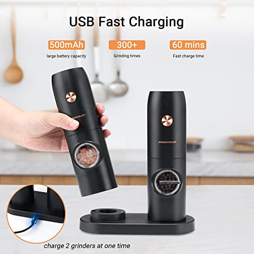 Nidouillet Electric Salt and Pepper Grinder Set, USB Rechargeable Automatic Salt Pepper Grinder Mill With LED Light, 2 Larger Capacity Black Refillable Mills, Adjustable Coarseness, One Hand Operation