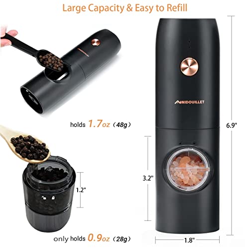 Nidouillet Electric Salt and Pepper Grinder Set, USB Rechargeable Automatic Salt Pepper Grinder Mill With LED Light, 2 Larger Capacity Black Refillable Mills, Adjustable Coarseness, One Hand Operation