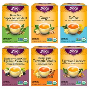 yogi tea – digestion and detox tea variety pack sampler (6 pack) – green tea super antioxidant, ginger, detox, blackberry apple cider, honey chai turmeric vitality, and egyptian licorice – 96 tea bags