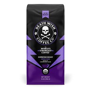 death wish coffee whole bean espresso roast – extra kick of caffeine – organic, fair trade, strong coffee grounds from arabica, robusta beans (1-pack)