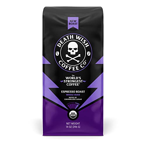 DEATH WISH COFFEE Whole Bean Espresso Roast - Extra Kick of Caffeine - Organic, Fair Trade, Strong Coffee Grounds from Arabica, Robusta Beans (1-Pack)