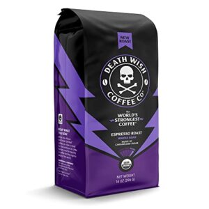 DEATH WISH COFFEE Whole Bean Espresso Roast - Extra Kick of Caffeine - Organic, Fair Trade, Strong Coffee Grounds from Arabica, Robusta Beans (1-Pack)