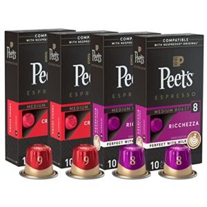 peet’s coffee, medium roast espresso coffee pods variety pack, compatible with nespresso original machine, intensity 8-9, 40 count (4 boxes of 10 espresso capsules)