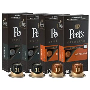 peet’s coffee, dark roast espresso capsules variety pack, compatible with nespresso original machine, intensity 10-11, 40 count (4 boxes of 10 espresso pods)