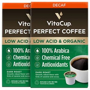 vitacup organic perfect dark roast decaf coffee pod for pure & clean energy & antioxidants from low acid, guatemala single origin in recyclable single serve pod compatible w/keurig k-cup brewers,32ct