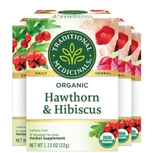 traditional medicinals organic hawthorn & hibiscus herbal tea, promotes heart health, (pack of 4) – 64 tea bags total