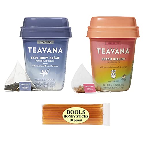 Teavana Earl Grey Crème and Beach Bellini, Finest Teas - 15/12 Sachets Each (27 Total) Plus Bools Pure Honey Clover Sticks (10)