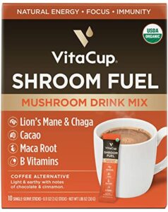 vitacup shroom fuel, mushroom based coffee alternative packets, mushroom coffee substitute w/ cacao, cinnamon, chaga, lions mane, & maca for energy, immune support, & focus, 10 ct