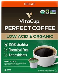 vitacup organic perfect dark roast decaf coffee pod for pure & clean energy & antioxidants from low acid, guatemala single origin in recyclable single serve pod compatible w/ keurig k-cup brewers,16ct