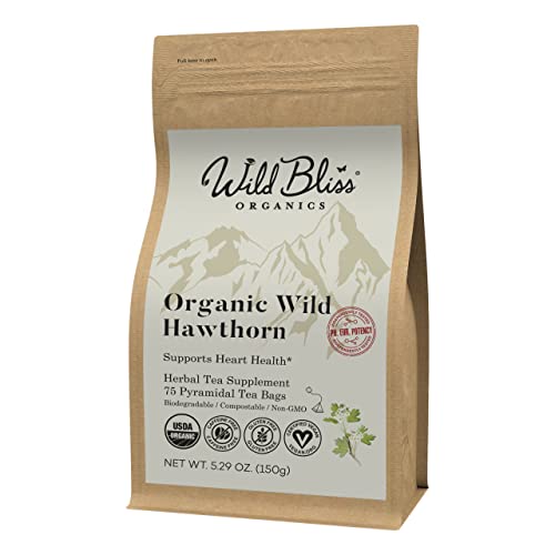 Organic Wild Hawthorn Leaf and Flower Herbal Tea - Caffeine Free - Pharmacopoeia Potency - 75 Plant Based Tea Bags