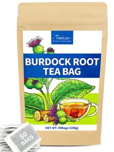 teelux burdock root tea bags, pure natural burdock root, caffeine free, premium herbal tea, 50 tea bags