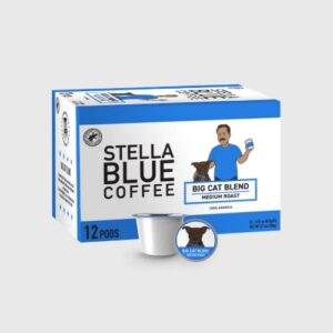 stella blue single-serve coffee pods, big cat blend – medium roast, 12 count, 100% arabica coffee ethically & sustainably sourced from central america