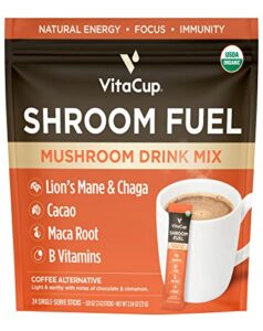 vitacup shroom fuel, mushroom based coffee alternative packets, mushroom coffee substitute w/cacao, cinnamon, chaga, lions mane, & maca for energy, immune support, & focus, 24 ct