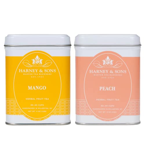 Harney & Sons Loose Herbal Fruit Tea Mothers Day Variety Gift Set (2 Pack, 8oz Total) - Mango & Peach Fruit Tea - Hibiscus, Rosehips, Apple Pieces & Natural Orange and Citrus Flavors - Caffeine-Free