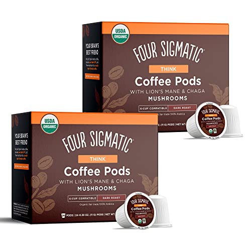 High Caffeine Mushroom Coffee K-Cups by Four Sigmatic | Organic and Fair Trade Dark Roast Coffee with Lion’s Mane & Chaga | Focus & Immune Support | Vegan & Keto | Sustainable Pods | 48 Count