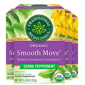 traditional medicinals organic smooth move senna peppermint herbal tea, relieves occasional constipation, (pack of 4) – 64 tea bags