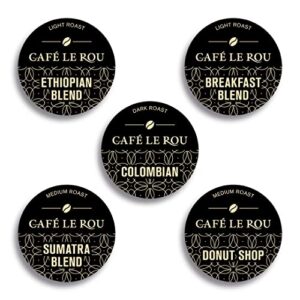 Café Le Rou Coffee K-cups, Combo - 5 Assorted Variety Pack (25 count) Plus 2 Vanilla Flavored Syrup Bottles (25.4oz), Recyclable Single Serve Coffee Pods, Compatible with 2.0 Keurig K-cup