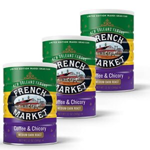 french market coffee, coffee and chicory, medium-dark roast ground coffee, 12 ounce metal can, limited-edition mardi gras can (pack of 3)
