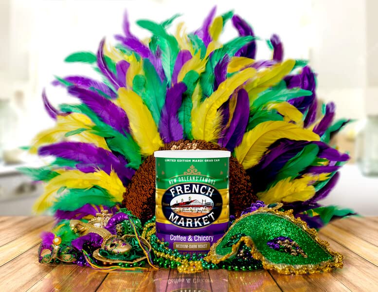 French Market Coffee, Coffee and Chicory, Medium-Dark Roast Ground Coffee, 12 Ounce Metal Can, Limited-Edition Mardi Gras Can (Pack of 3)