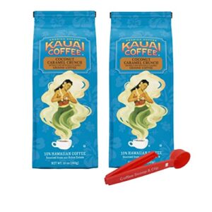 kauai coffee bundle, two (2) 10 ounce bags of kauai coconut caramel crunch and one (1) coffee bag clip/scoop