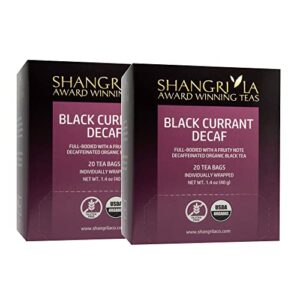 shangri-la tea company organic tea bags, black currant decaf, 2 boxes with 20 tea bags each (40 total)
