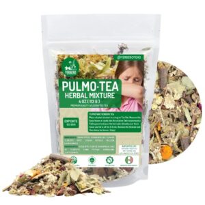 yerbero – pulmotea 4 oz (113g) | herbal mixture tea – soothes/comforts thoat | eucalyptus, tejocote root, mullein leaf, bouganvillia flower, cassia fistula, cuatecomate | 100% all natural, non-gmo, gluten-free.