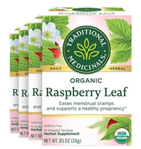 traditional medicinals organic raspberry leaf herbal tea caffeine free, (pack of 4) total 64 total bag tea