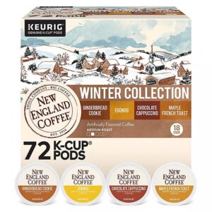 New England Coffee Winter Collection Variety Pack Keurig K-Cup Pods: Flavors Gingerbread Cookie, Eggnog, Maple French Toast and Chocolate Cappuccino, 72-Count