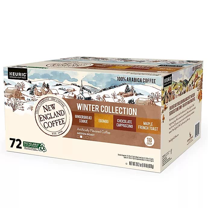 New England Coffee Winter Collection Variety Pack Keurig K-Cup Pods: Flavors Gingerbread Cookie, Eggnog, Maple French Toast and Chocolate Cappuccino, 72-Count